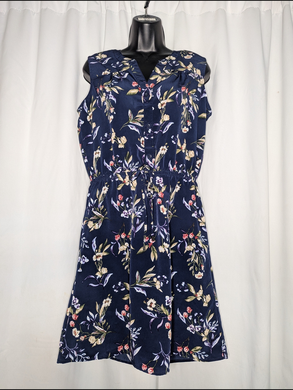 Nicole Miller Navy Floral Sleeveless Tie-Waist Dress
